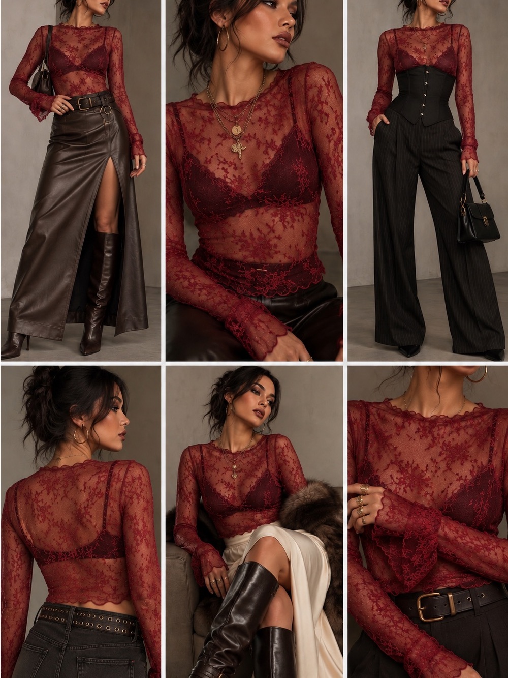 Sheer Floral Lace Long-Sleeve Camisole - Burgundy